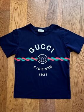 Gucci Navy Logo Tee with Red & Green Twist Stripe